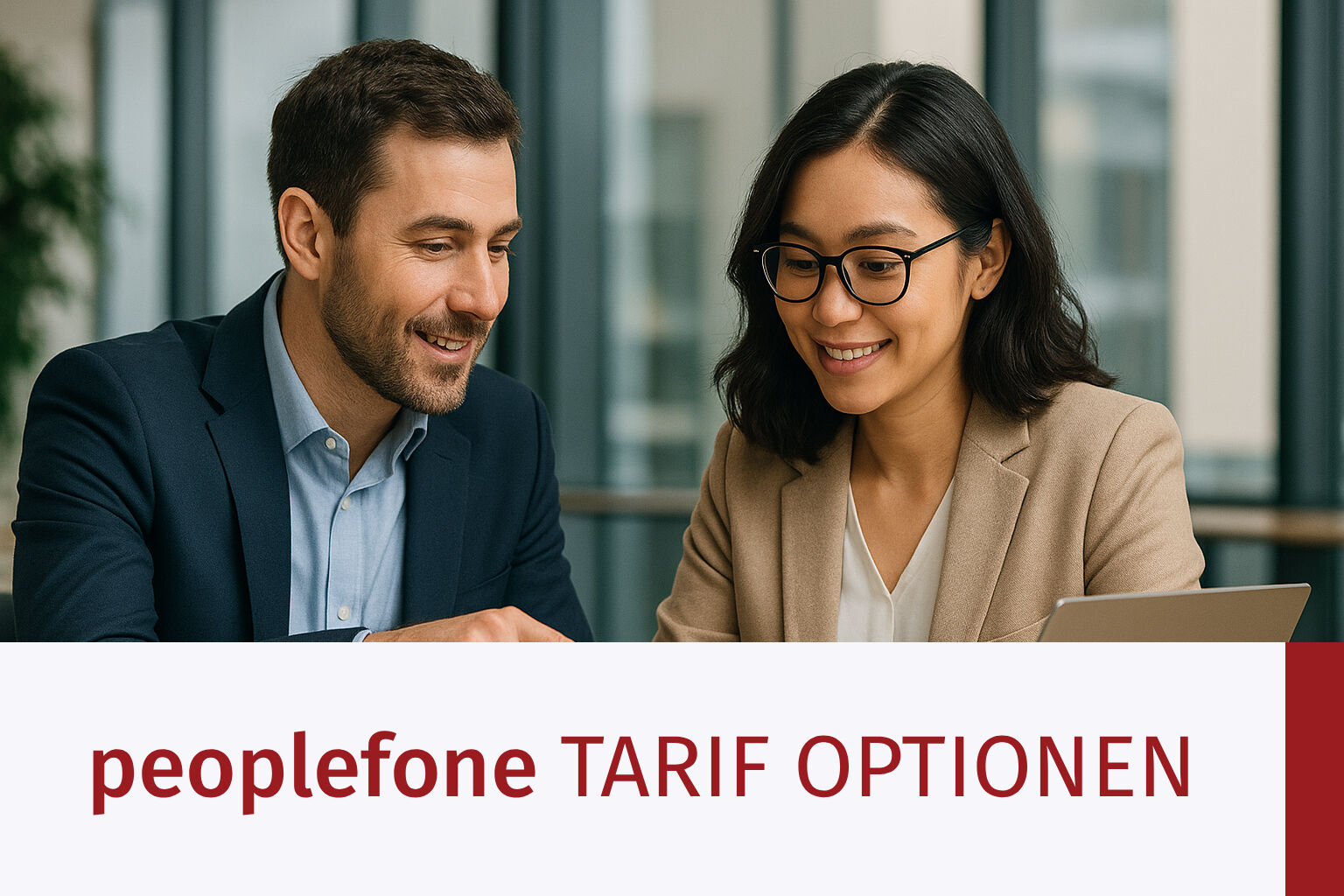 Zwei Personen sitzen vor einem Laptop und besprechen etwas im Office.