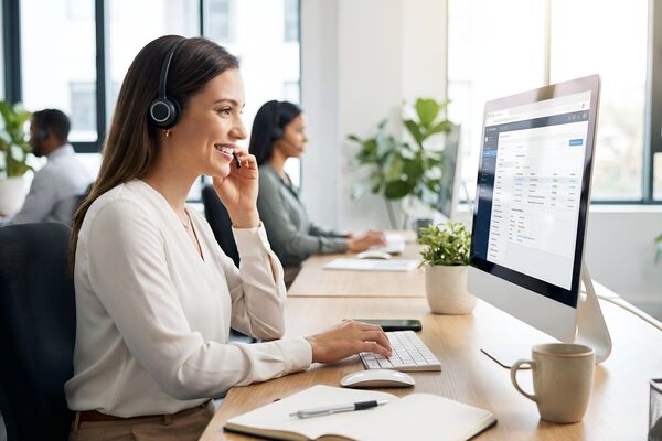 Weibliche Person sitzt mit einem Headset vor einem Bildschirm und spricht.