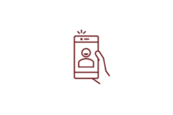 Icon mit einer Hand, was ein Handy hält, aus dem eine Person spricht.