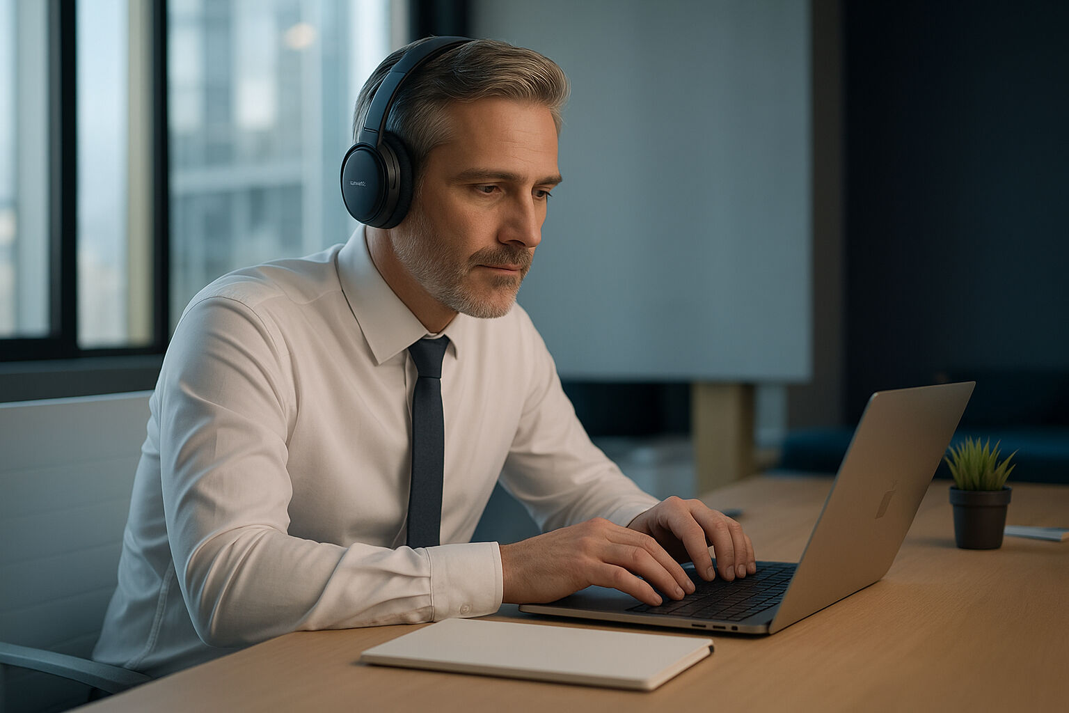 Männliche Person sitzt mit Kopfhörer vor einem PC im Office.
