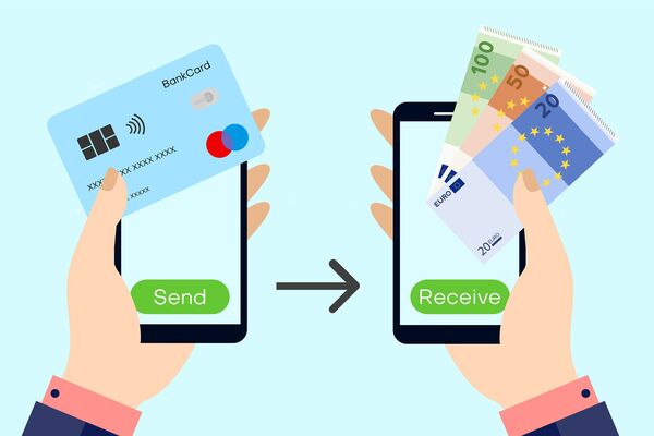 Zwei Handys mit Bankkarte, Euroscheine und einem Pfeil für Geldtransfer.