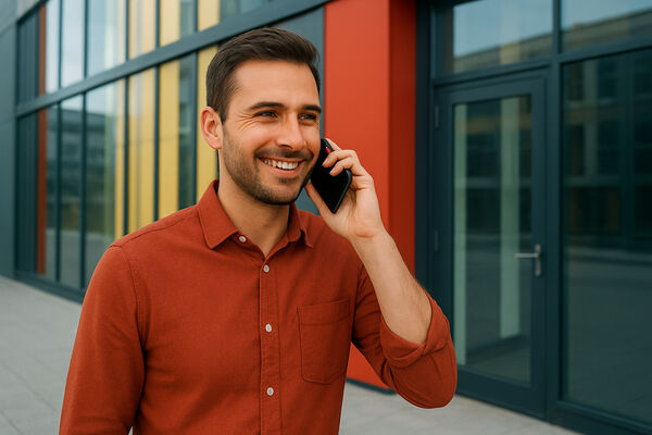 Männliche Person vor einem Office telefoniert mit Handy.