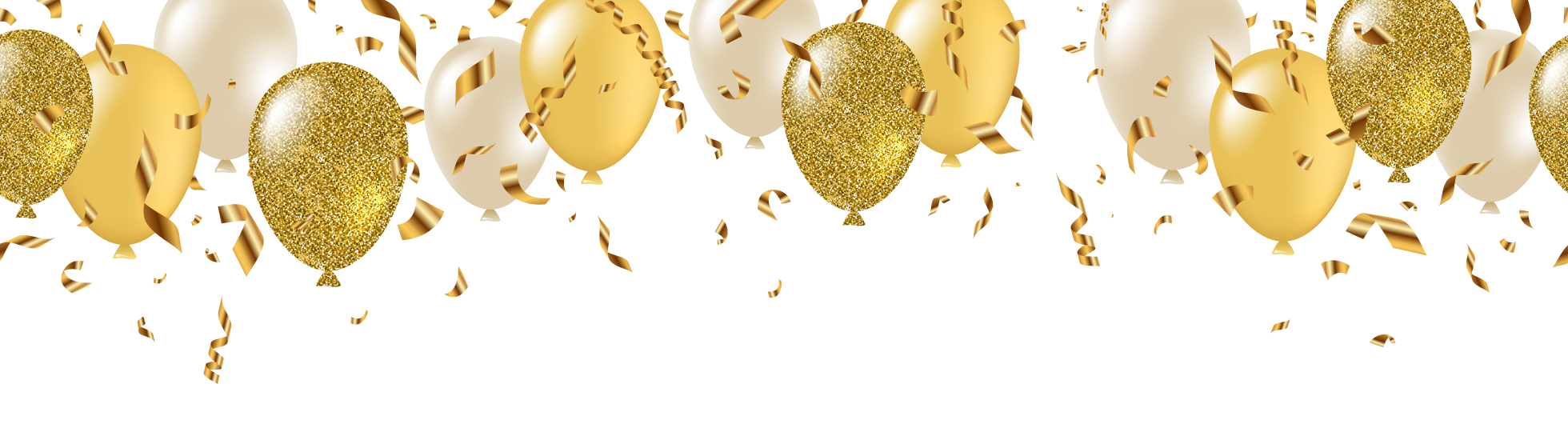 Goldfarbene Luftballons und Luftschlangen.