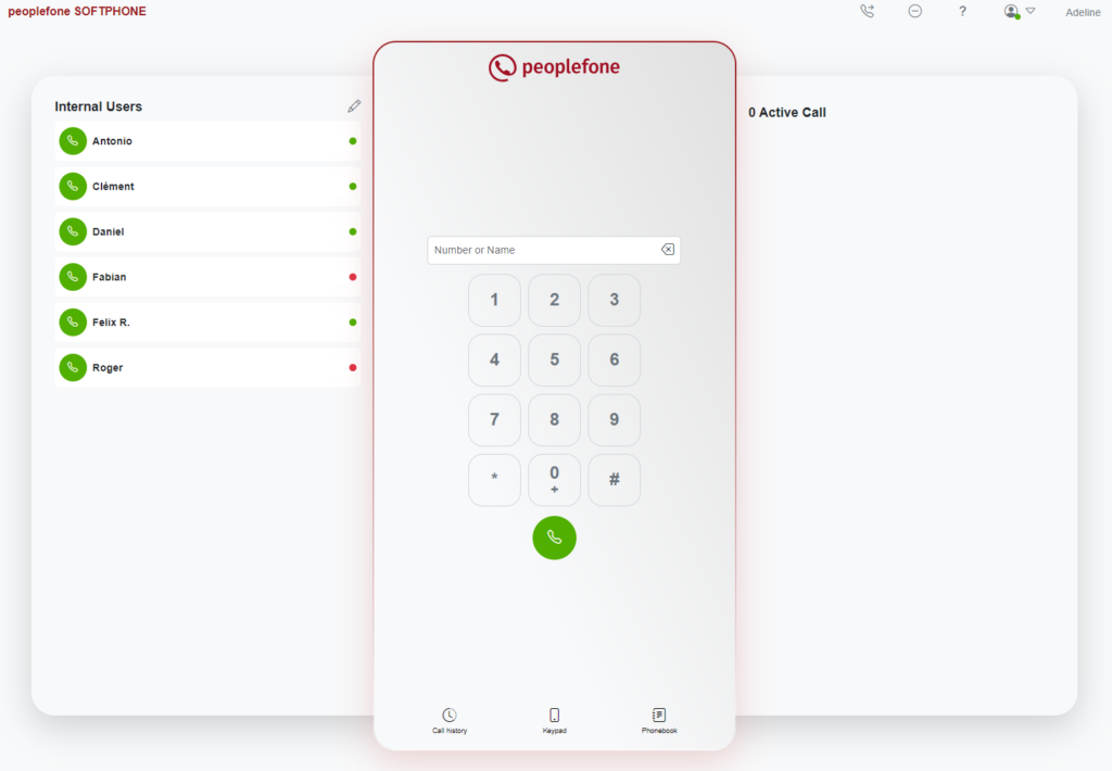 Ansicht Display SOFTPHONE mit Verfügbarkeiten.