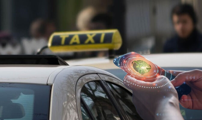 Taxi mit einem Handy im Vordergrund, welches eine Verbindung aufbaut.