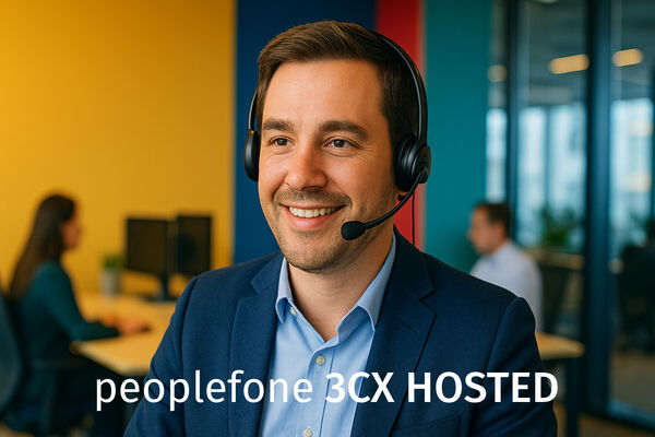 Männliche Person mit Headset im Büro.