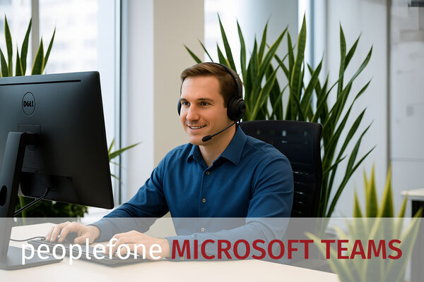 Männliche Person sitzt mit einem Headset vor einem PC im Office.