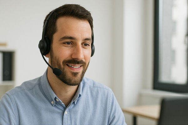 Männliche Person mit Headset sitzt vor einem PC im Office.
