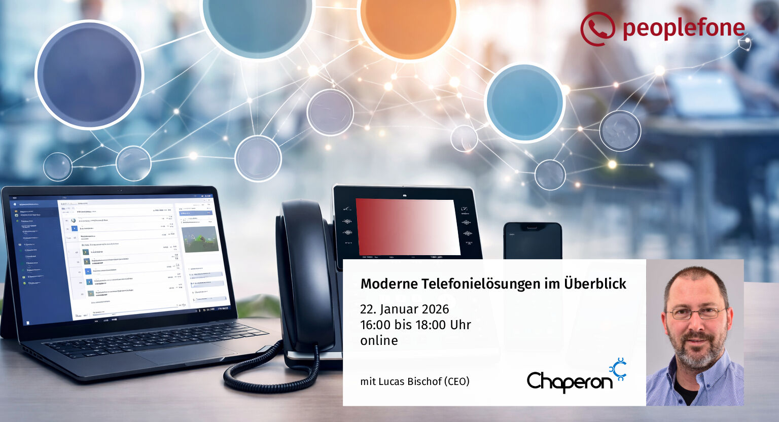 Banner mit Datum und Referent zur Online-Veranstaltung Telefonielösungen.