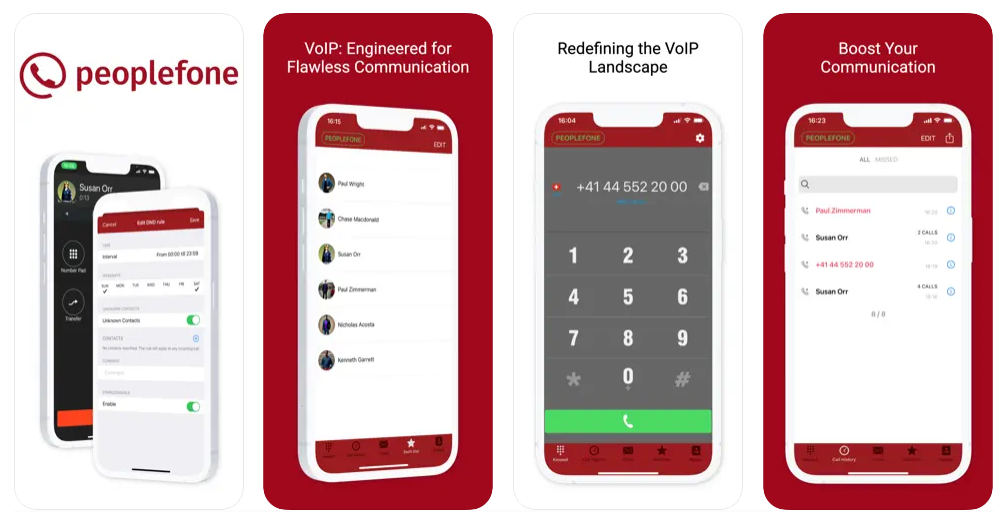 peoplefone App mit Ansicht Telefonbuch und Tastenfeld.