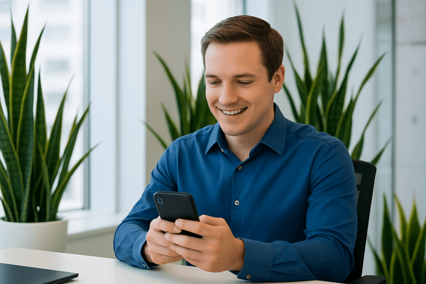 Männliche Person sitzend am Schreibtisch schreibt eine SMS auf ihrem Handy. Pflanzen im Hintergrund.