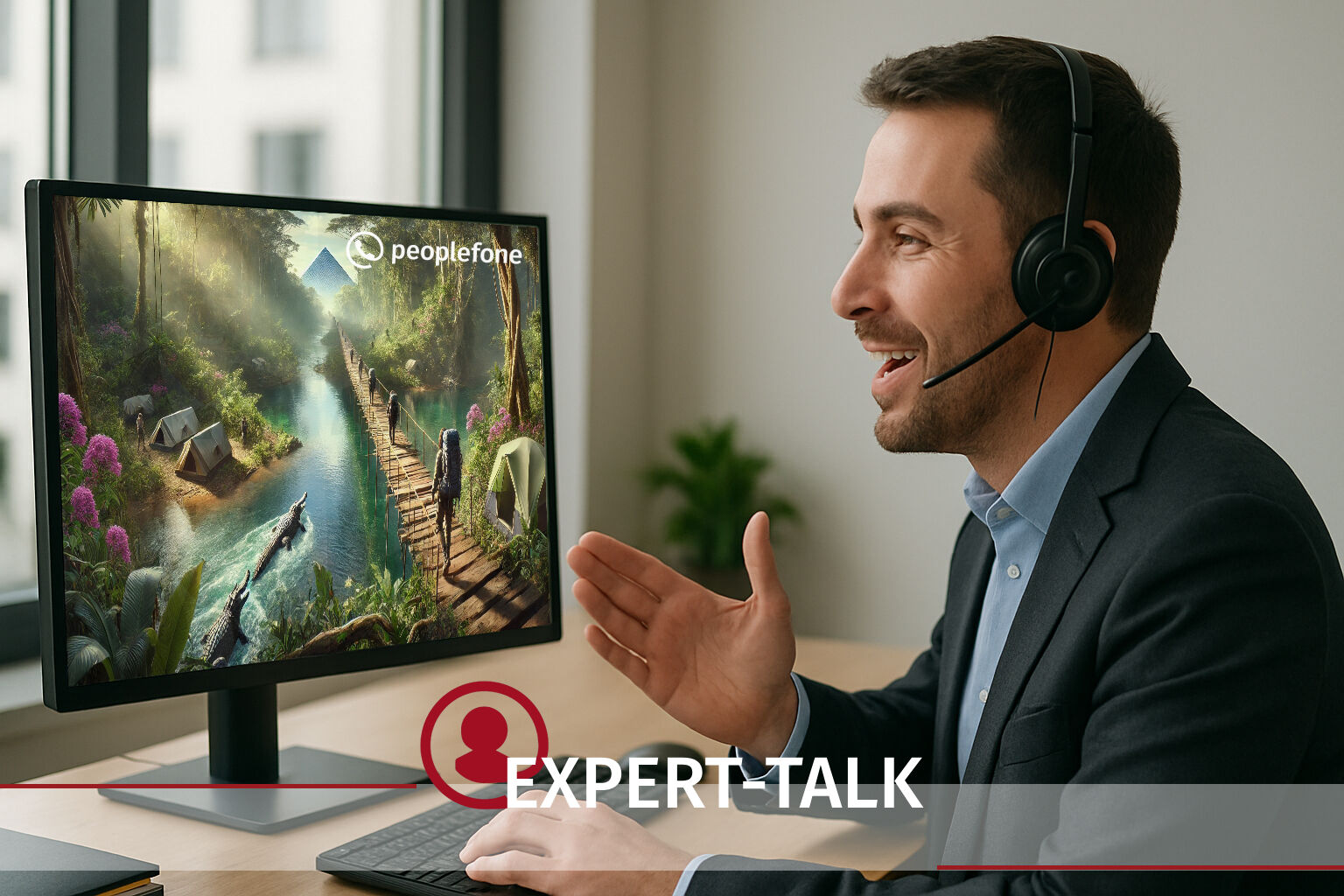 Eine Person mit Headset sitzt am Bildschirm und spricht. Es ist eine Dschungellandschaft zu sehen. Im unteren Bereich steht EXPERT-TALK.
