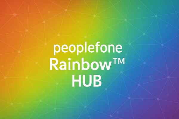 Hintergrund in Regenbogenfarben und Aufschrift peoplefone Rainbow HUB.