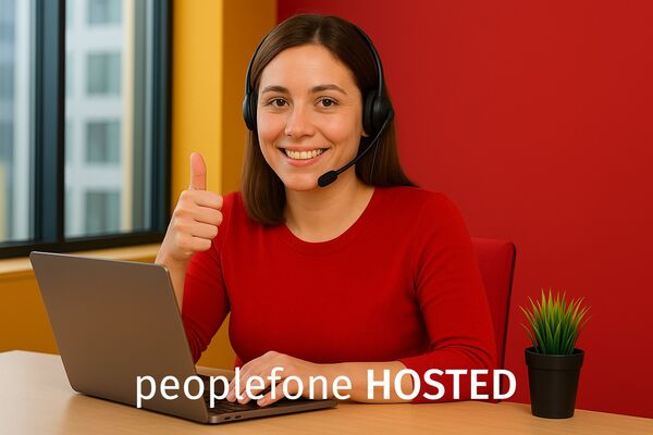 Weibliche Person sitzt mit Headset an einem Laptop und zeigt den Daumen nach oben.