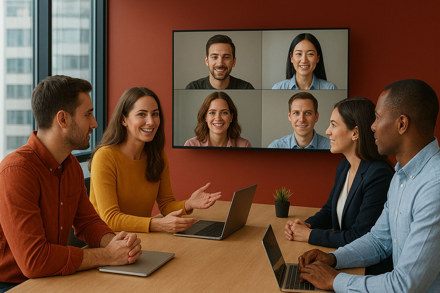 Personen sitzen an einem Tisch, Videokonferenz mit Personen auf dem Bildschirm.