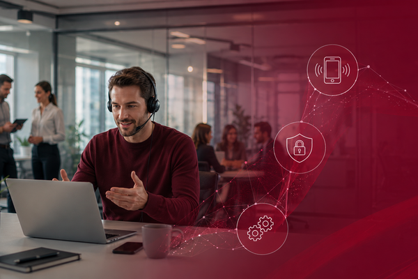 Männliche Person im Büro sitzt an einem Schreibtisch und telefoniert mit Headset.