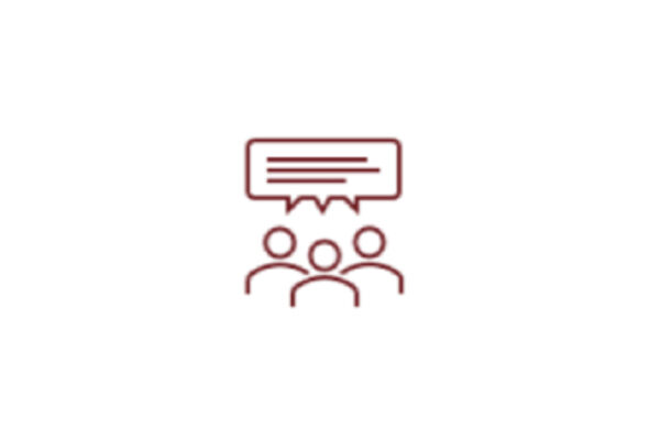 Icon mit drei Personen und einer Sprechblase.