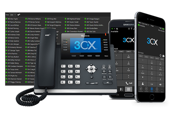Tischtelefon von 3CX und zwei Mobiltelefone. Im Hintergrund ist ein Bildschirm mit verfügbaren Anrufteilnehmern.