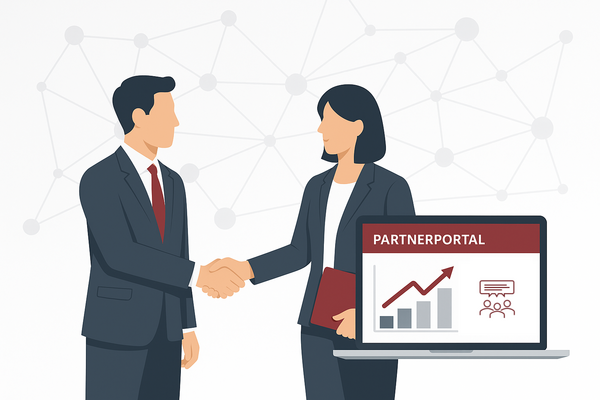 Zwei Personen illustriert geben sich die Hand. Im Vordergrund ein Bildschirm mit Partnerportal.