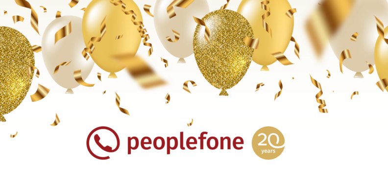 Logo 20 Jahre peoplefone mit goldfarbenen Luftballons.