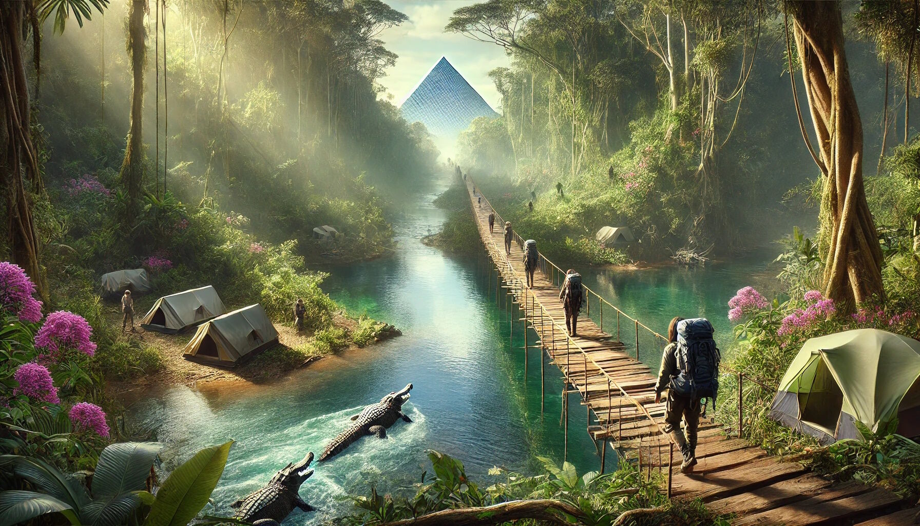Illustriertes Bild eines Dschungels. Personen mit Wanderrucksäcken gehen über eine Hängebrücke. Darunter ist ein Fluß mit zwei Krokodilen. Im Hintergrund ist eine Pyramide und neben den Hängebrücke ein Zelt. Die Sonne scheint durch die Bäume.