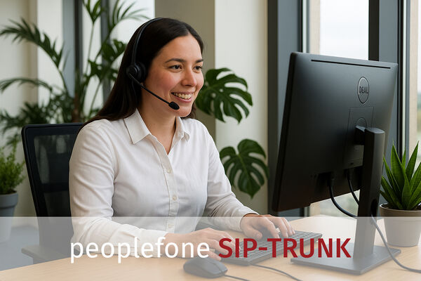 Weibliche Person sitzt mit einem Headset vor einem PC im Office.