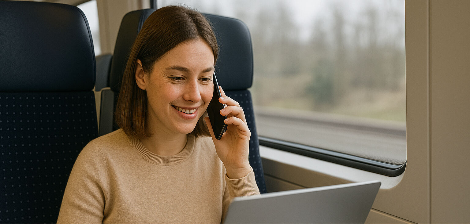 Weibliche Person mit Handy am Ohr sitzt in einem Zug vor einem Laptop.