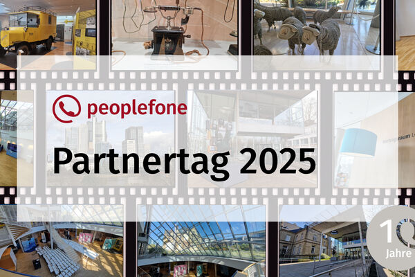 Ausschnitt einer Filmwand mit Bildern vom Partnertag. Im Vordergrund ist das peoplefone Logo und die Aufschrift Partnertag 2025.