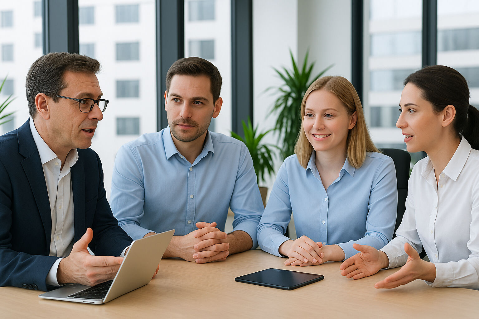 Vier Personen sitzen an einem Tisch und diskutieren miteinander.