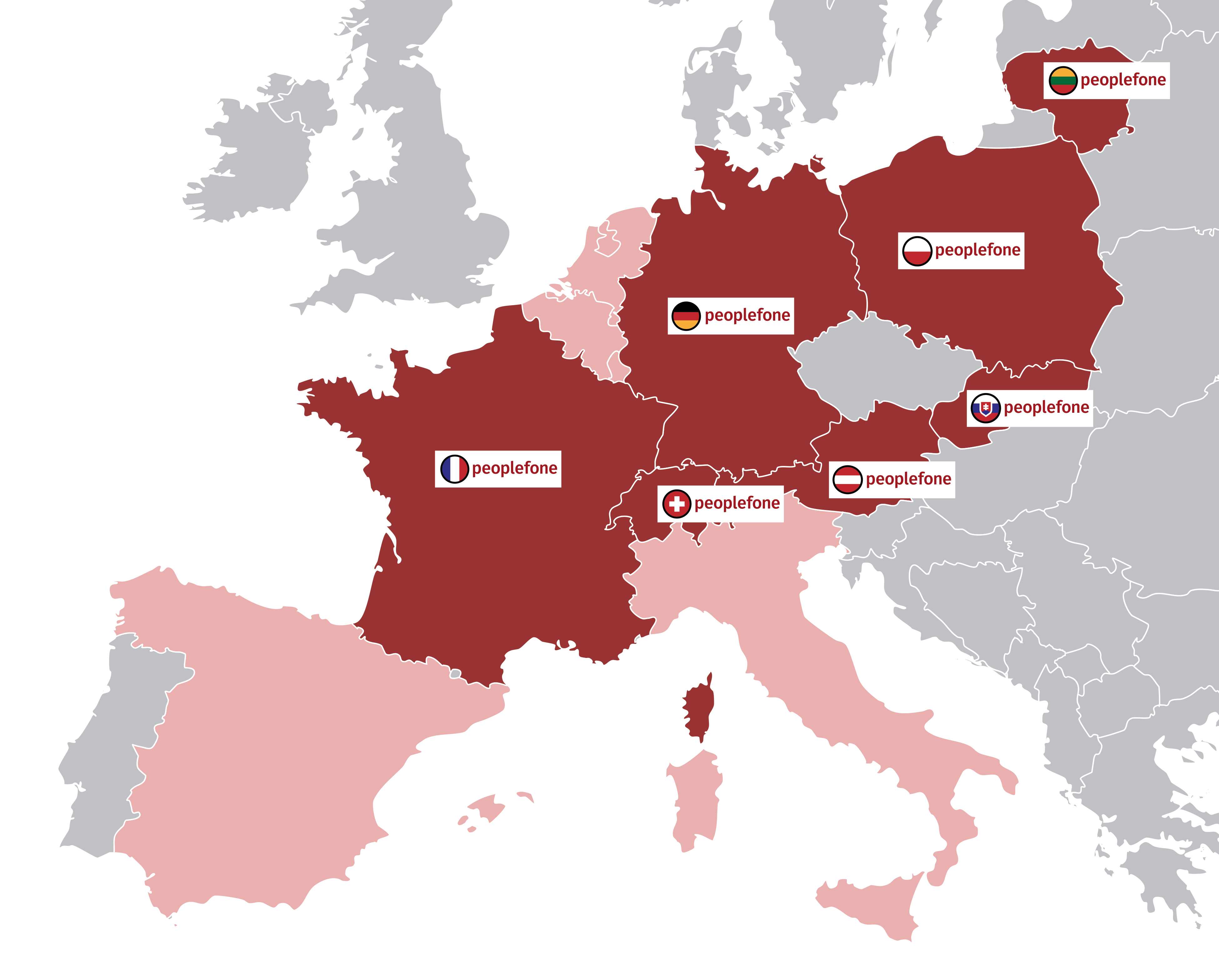 Europakarte mit rot gefärbten Länder, in denen die peoplefone Niederlassungen betreibt.