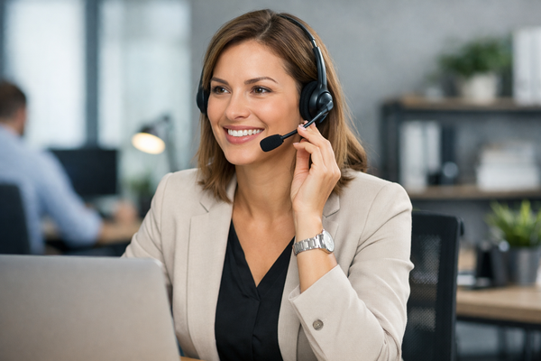 Weibliche Person sitzt mit Headset vor einem Laptop im Büro.