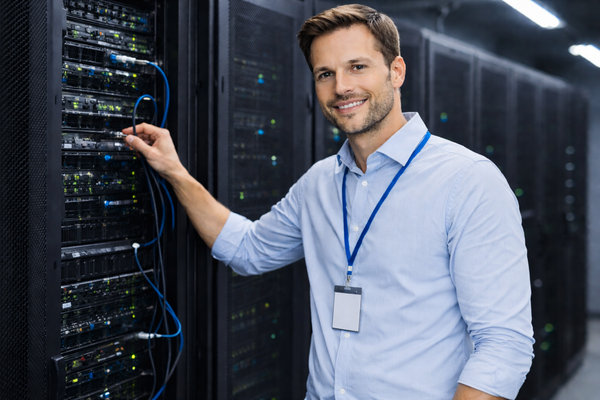 Männliche Person steht im Serverraum und überprüft die Steckanschlüsse.
