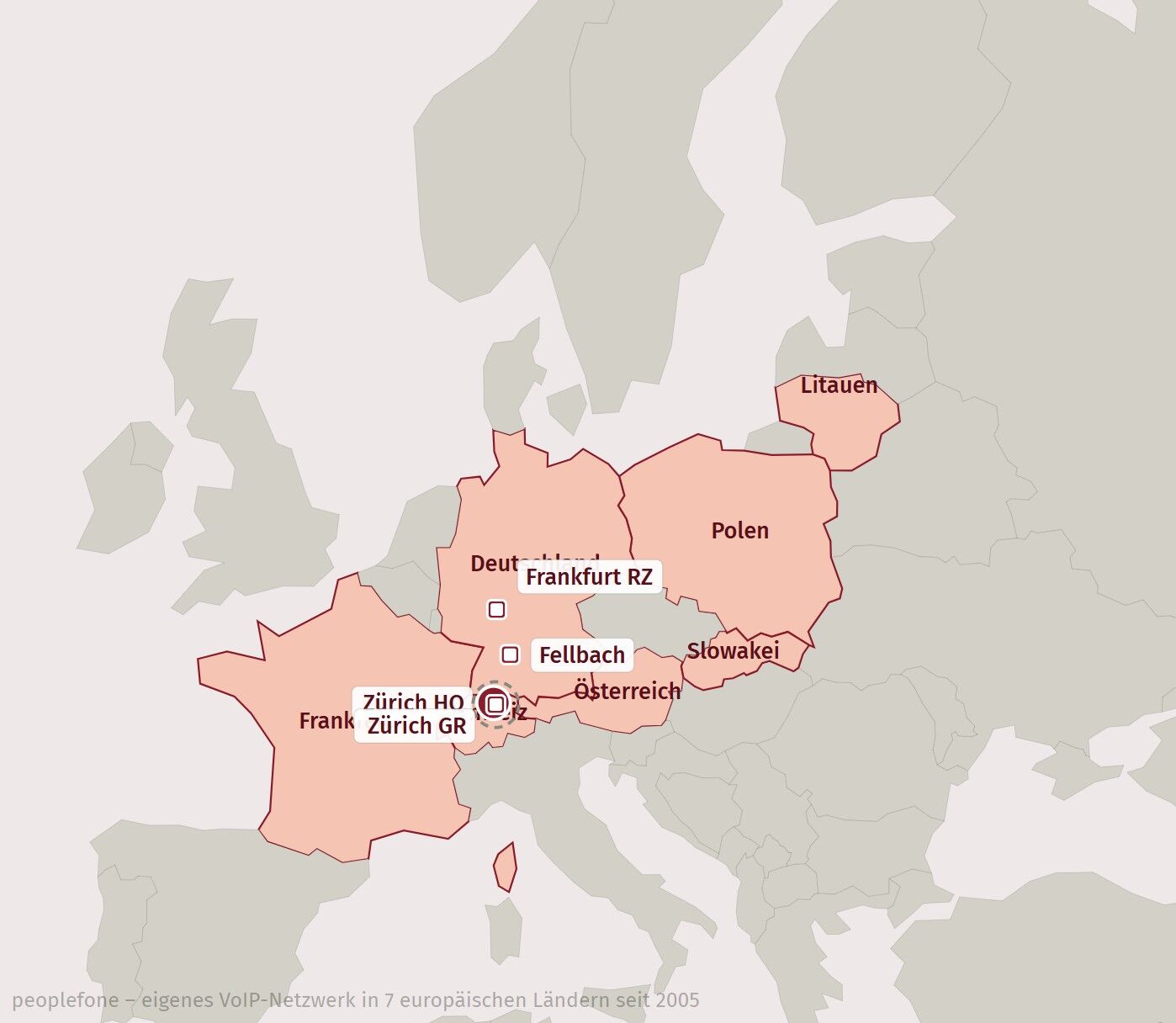 peoplefone Netzwerk in Europa für VoIP auf einer Länderkarte.