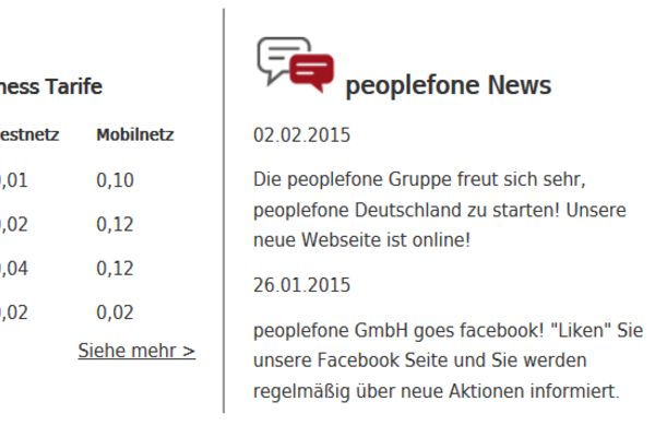 Screenshot mit den ersten Ankündigungen der peoplefone auf der ersten Homepage.