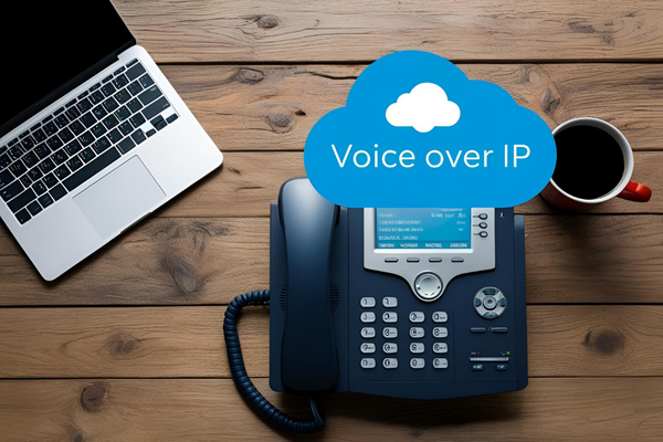 Laptop und Tischtelefon mit einer blauen Wolke und weißer Schrift Voice over IP.