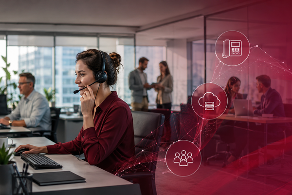 Mehrere Personen im Büro sitzen an Schreibtischen und telefonieren mit Headset.