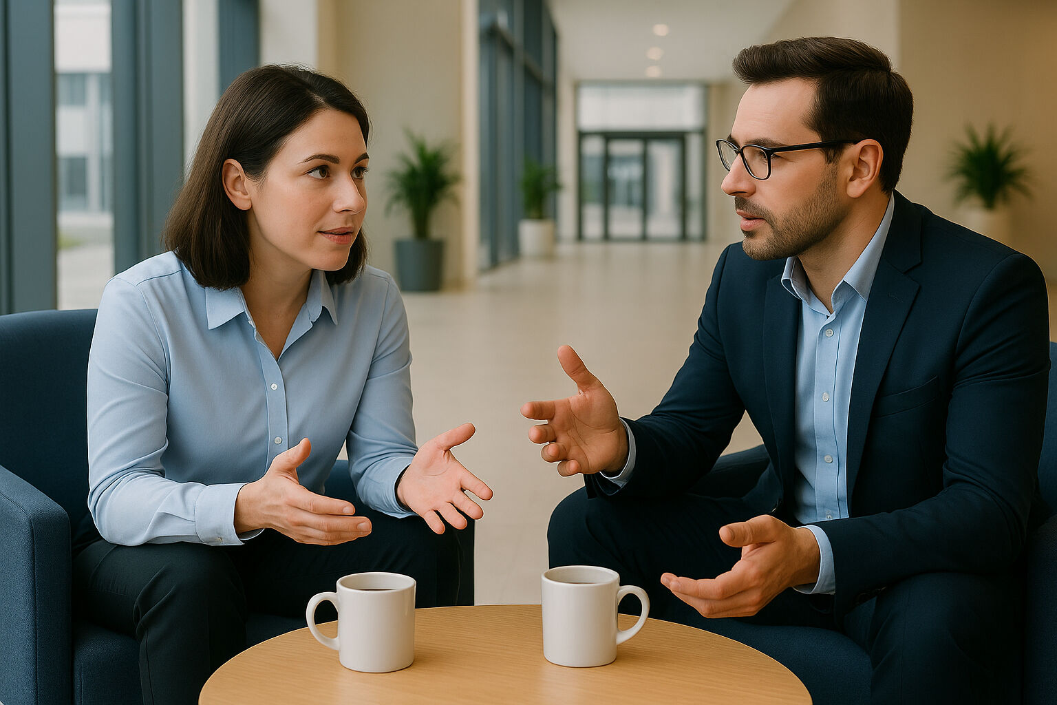 Zwei Personen sitzen in einer Kundenhalle an einem Tisch mit Kaffee und diskutieren.