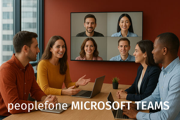 Personen sitzen an einem Tisch, Videokonferenz mit Personen auf einem Bildschirm.