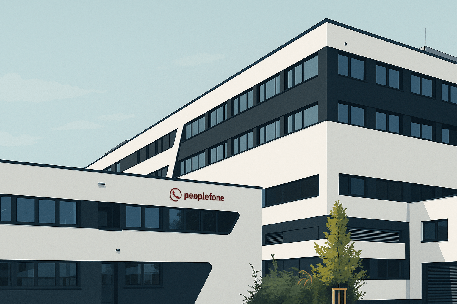Firmengebäude illustriert mit peoplefone Logo.