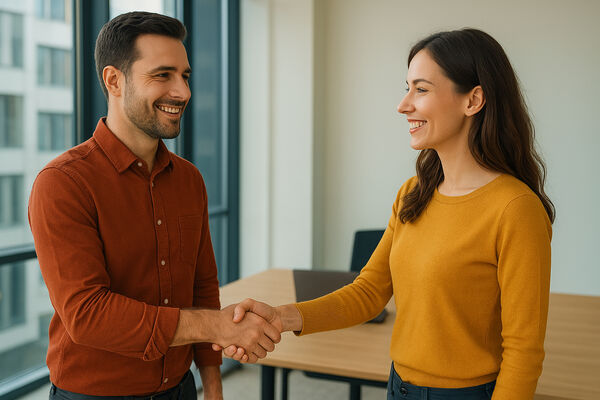 Zwei Personen geben sich im Office die Hand.