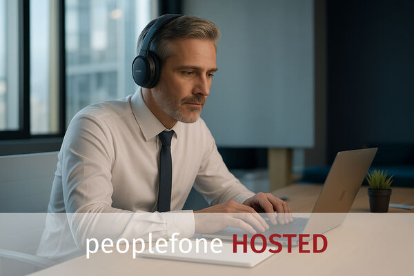 Männliche Person sitzt mit Kopfhörer vor einem PC im Office.