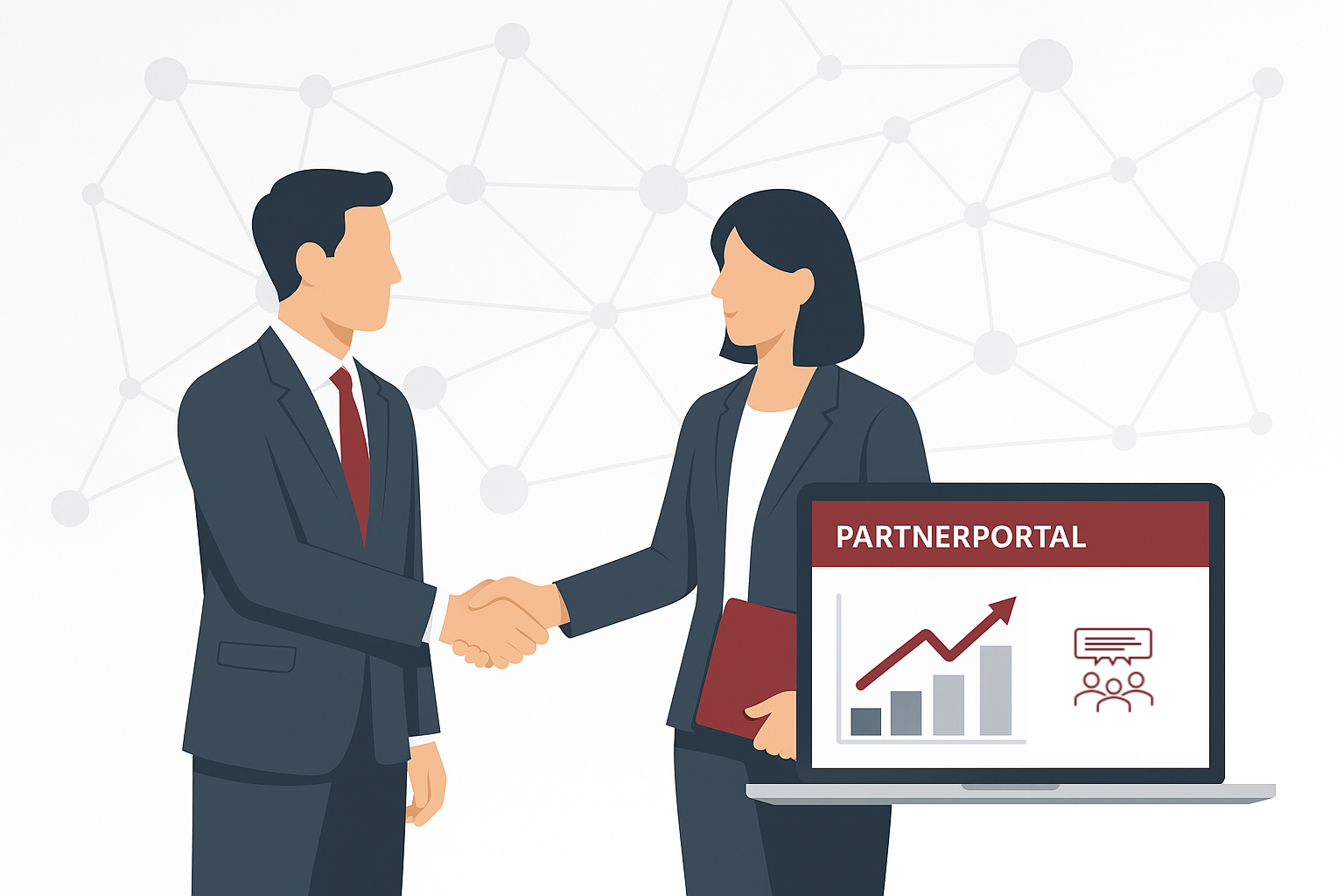 Illustration von 2 Personen, die sich die Hand geben. Im Vordergrund ist das Partnerportal auf einem Laptop abgebildet.