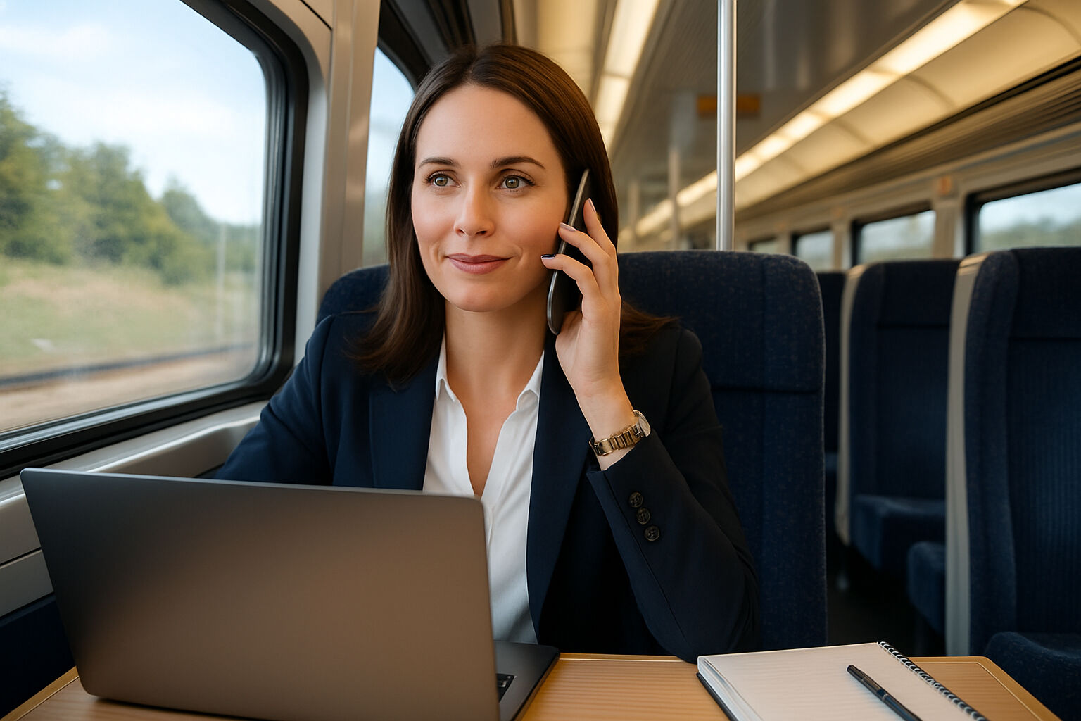Weibliche Person sitzt in einem Zug und telefoniert mit einem Handy.