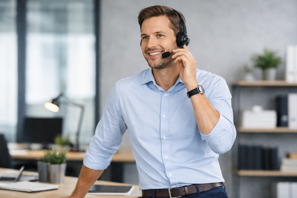 Männliche Person steht mit einem Headset an einem Schreibtisch im Büro.