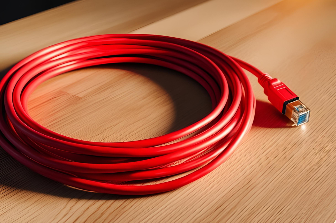DSL Kabel auf Holztisch.