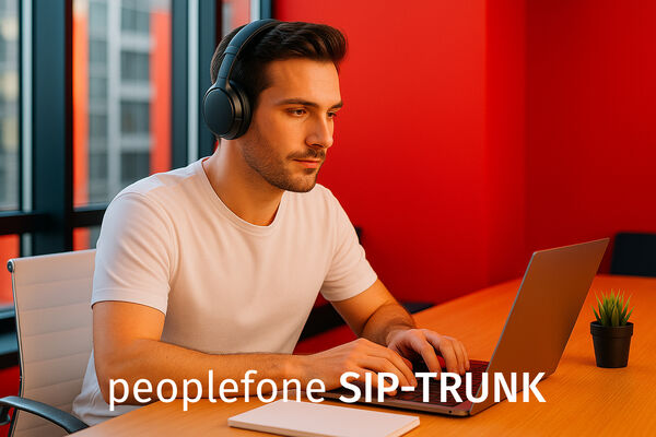 Männliche Person am Schreibtisch mit Headset am Laptop.