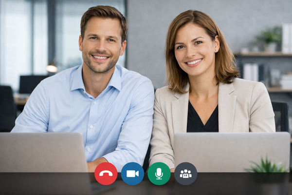 Eine weibliche und männliche Person sitzen vor ihren Laptops in einer Videokonferenz im Büro.