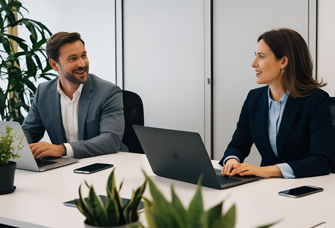 Zwei Personen sitzend im Office vor zwei Laptops und Handys.