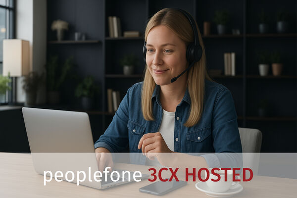 Weibliche Person sitzt mit Headset zu Hause am Schreibtisch vor ihrem PC.