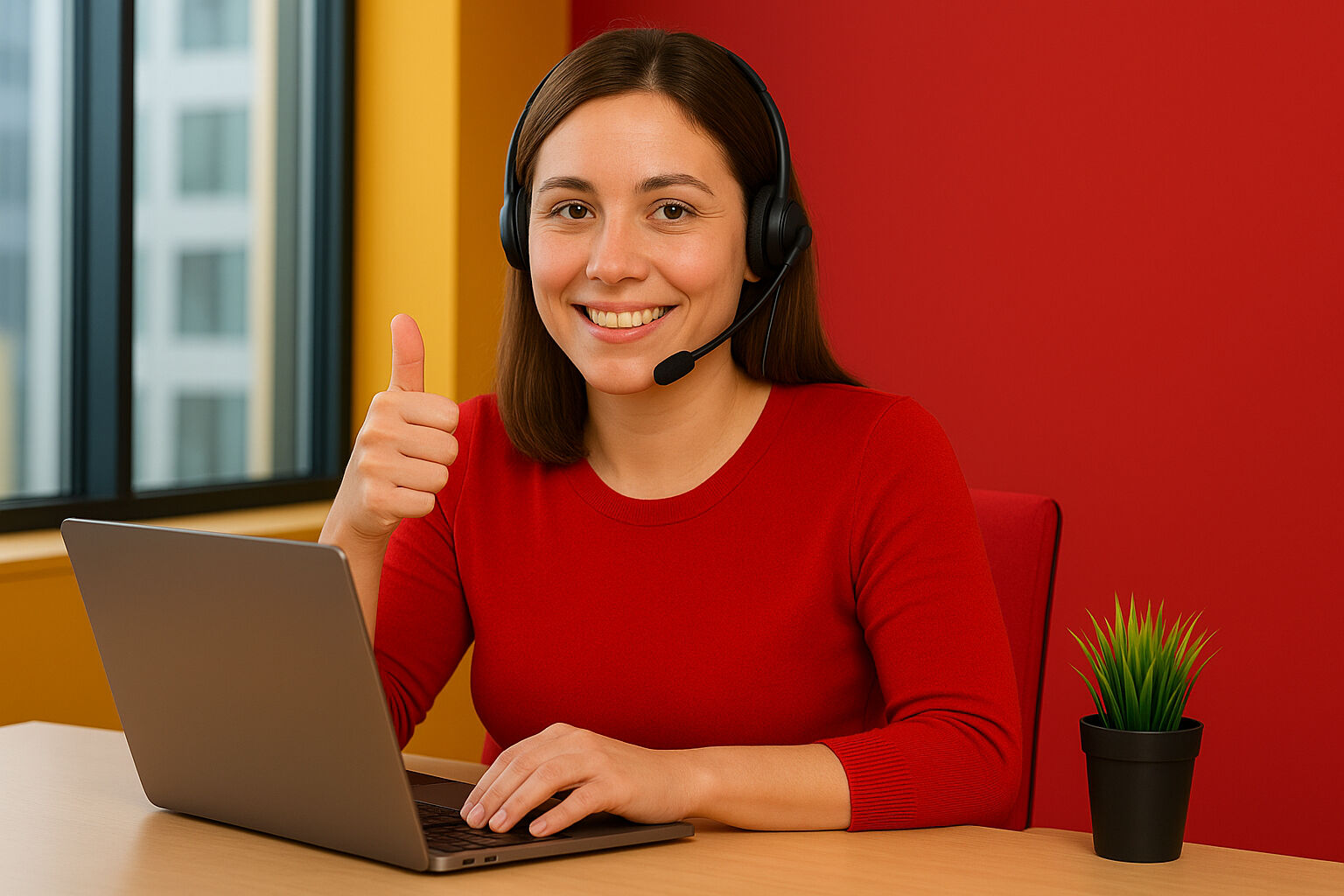 Weibliche Person sitzt mit Headset an einem Laptop und zeigt den Daumen nach oben.